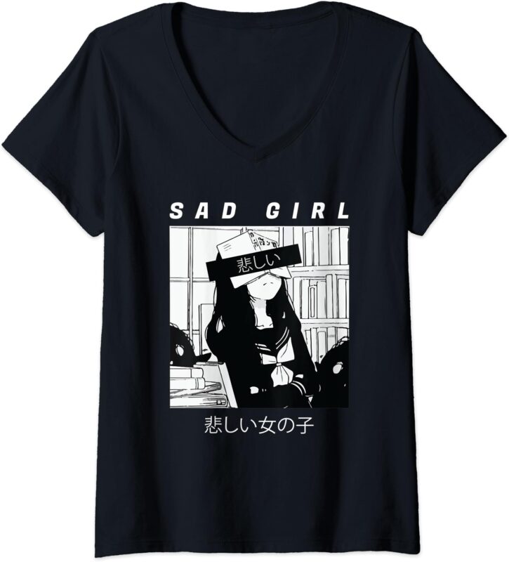 Womens Sad Anime Girl Japanese Babe Otaku Cool Gift V-Neck T-ShirtWomens Sad Anime Girl Japanese Babe Otaku Cool Gift V-Neck T-Shirt