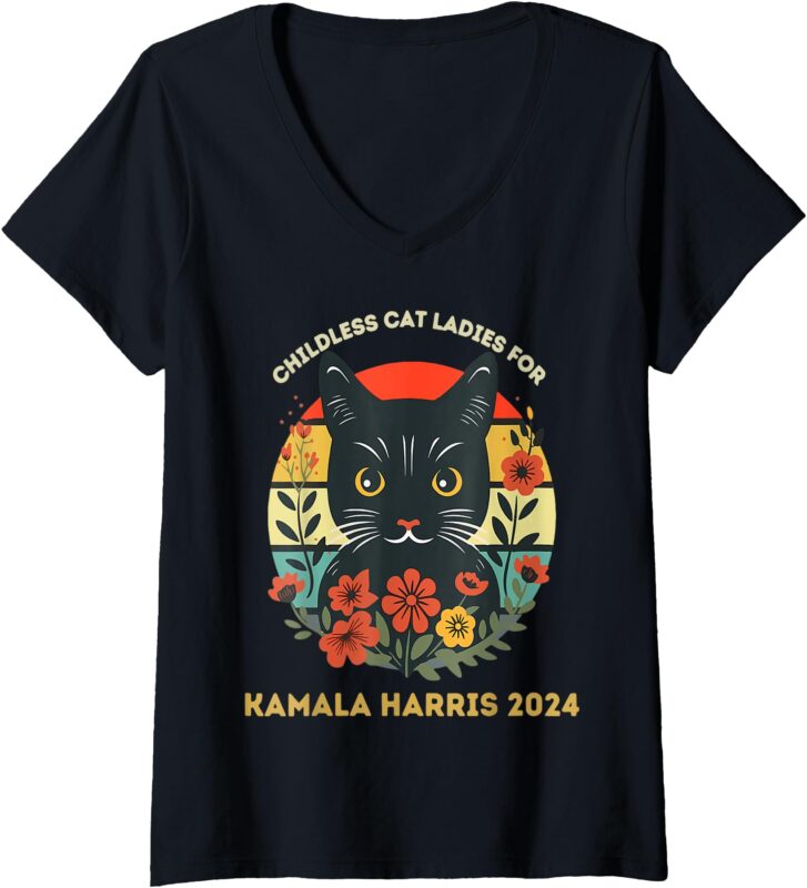 Womens This Childless Cat Lady is Voting Kamala-Harris 2024 V-Neck T-Shirt