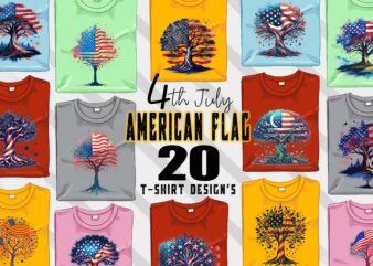 Retro American Flag Printed Tree t-shirt design bundle with 20 png & jpeg designs – download instantly American T-shirt Design