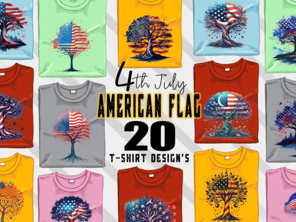 Retro american flag printed tree t-shirt design bundle with 20 png & jpeg designs – download instantly american t-shirt design