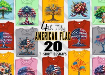 Retro American Flag Printed Tree t-shirt design bundle with 20 png & jpeg designs