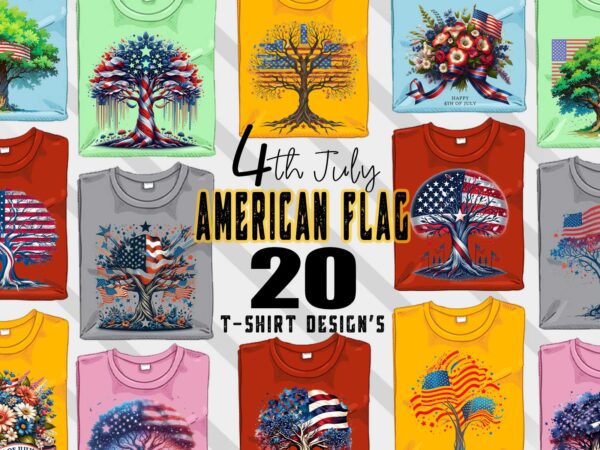 Retro american flag printed tree t-shirt design bundle with 20 png & jpeg designs