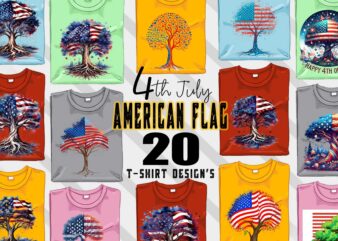 Retro American Flag Printed Tree t-shirt design bundle with 20 png & jpeg designs