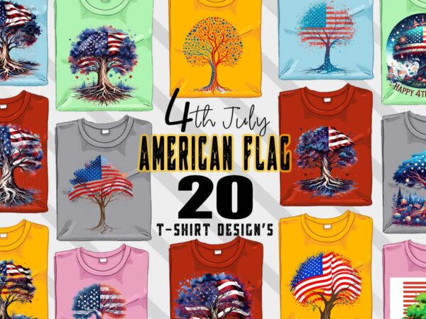 Retro american flag printed tree t-shirt design bundle with 20 png & jpeg designs