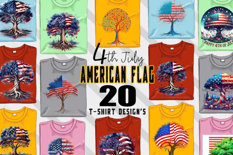 Retro American Flag Printed Tree t-shirt design bundle with 20 png & jpeg designs