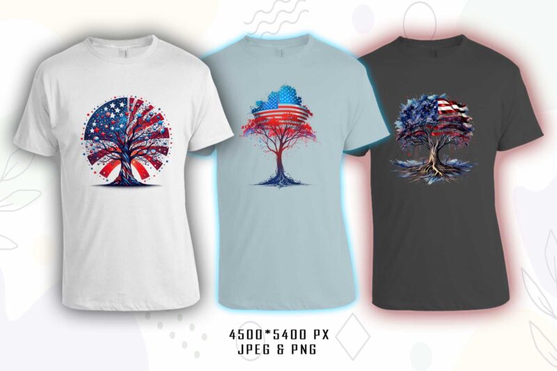 Retro American Flag Printed Tree t-shirt design bundle with 20 png & jpeg designs