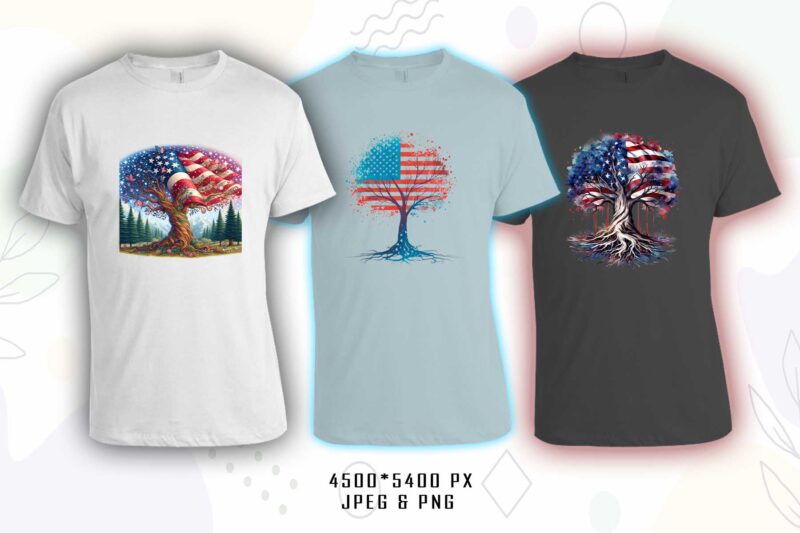 Retro American Flag Printed Tree t-shirt design bundle with 20 png & jpeg designs