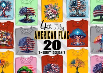 Retro American Flag Printed Tree t-shirt design bundle with 20 png & jpeg designs