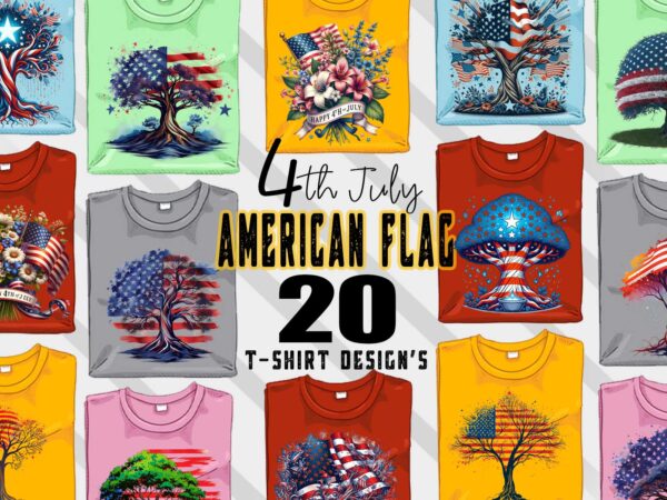 Retro american flag printed tree t-shirt design bundle with 20 png & jpeg designs