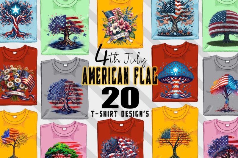 Retro American Flag Printed Tree t-shirt design bundle with 20 png & jpeg designs