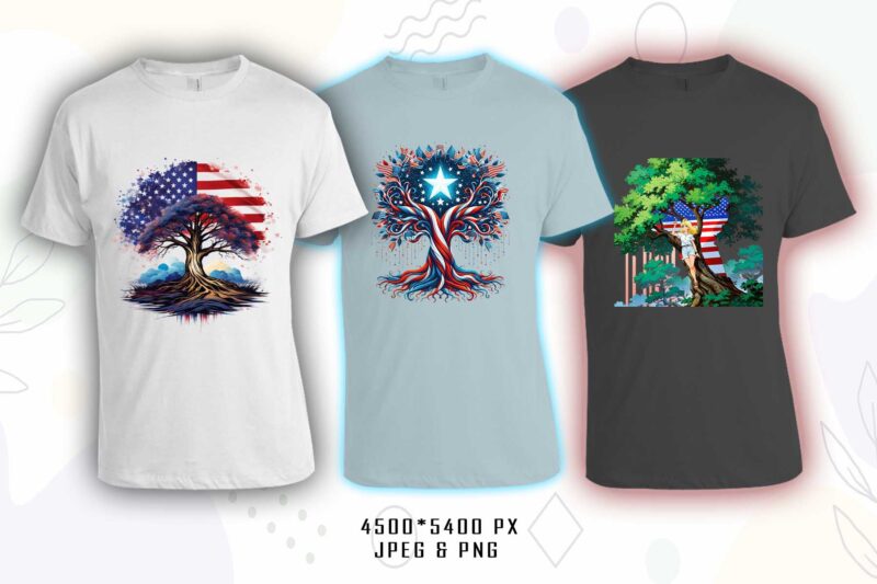 Retro American Flag Printed Tree t-shirt design bundle with 20 png & jpeg designs