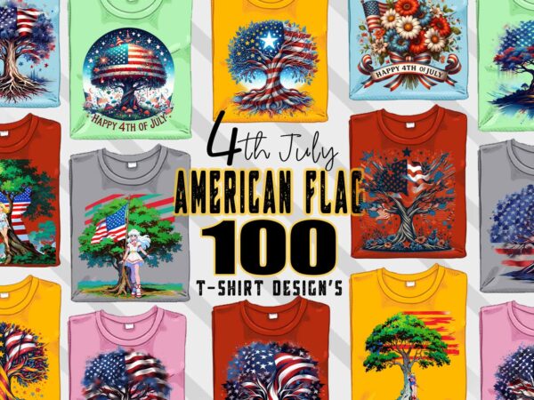 Retro american flag printed tree t-shirt design bundle with 100 png & jpeg designs