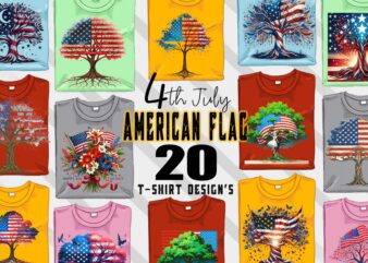 Retro American Flag Printed Tree t-shirt design bundle with 20 png & jpeg designs