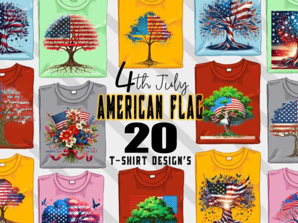 Retro american flag printed tree t-shirt design bundle with 20 png & jpeg designs