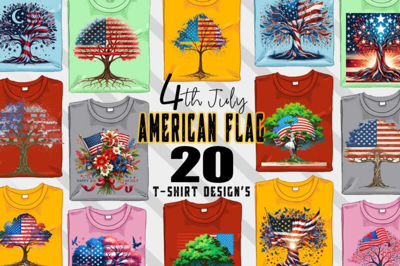 Retro American Flag Printed Tree t-shirt design bundle with 20 png & jpeg designs