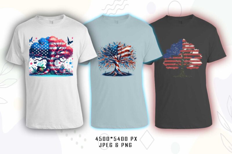 Retro American Flag Printed Tree t-shirt design bundle with 20 png & jpeg designs