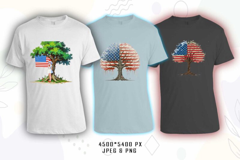 Retro American Flag Printed Tree t-shirt design bundle with 20 png & jpeg designs