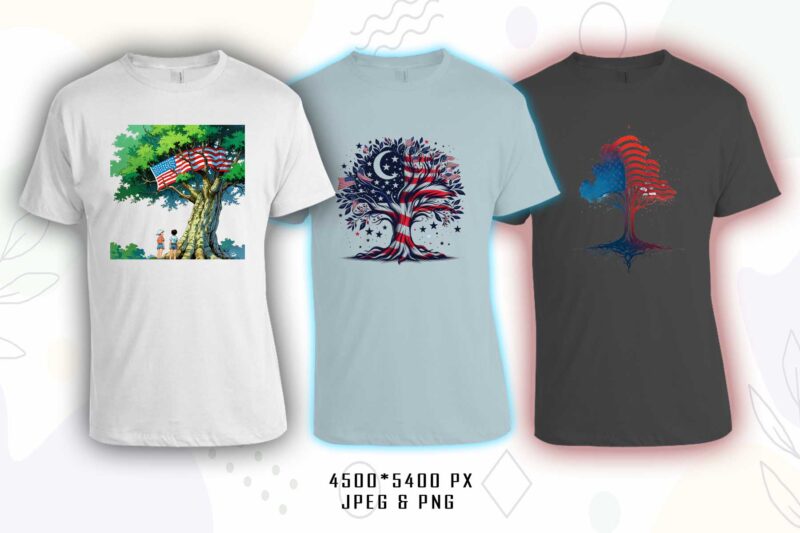 Retro American Flag Printed Tree t-shirt design bundle with 20 png & jpeg designs