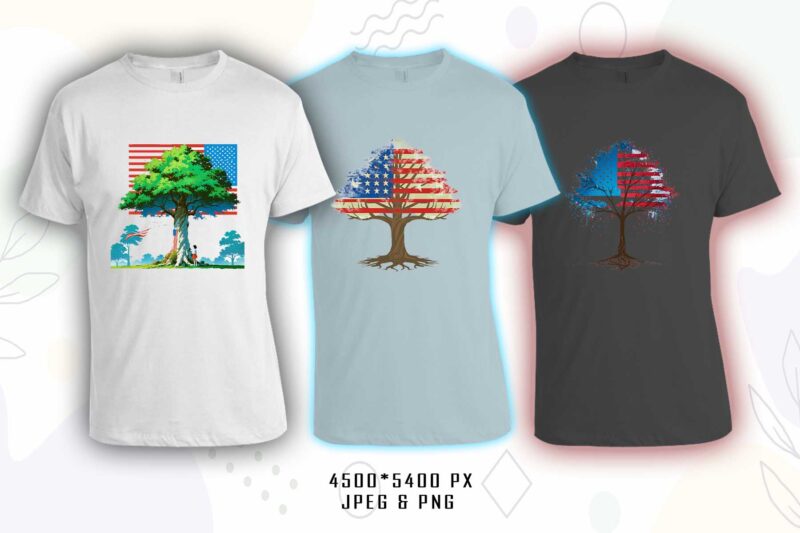 Retro American Flag Printed Tree t-shirt design bundle with 20 png & jpeg designs