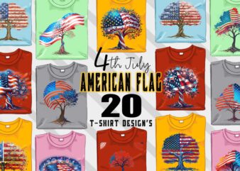 Retro American Flag Printed Tree t-shirt design bundle with 20 png & jpeg designs