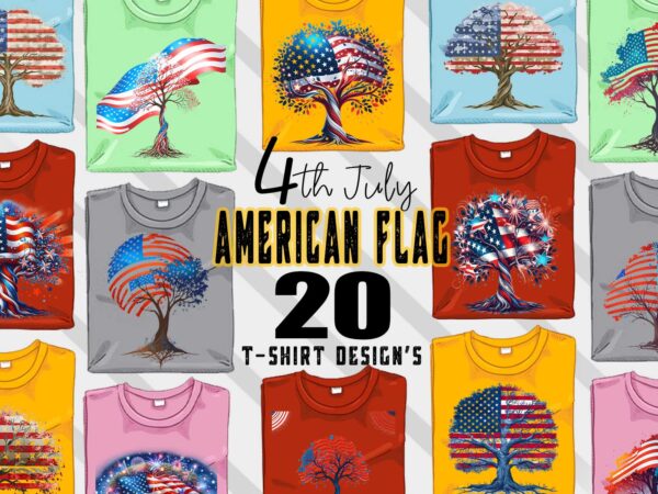 Retro american flag printed tree t-shirt design bundle with 20 png & jpeg designs