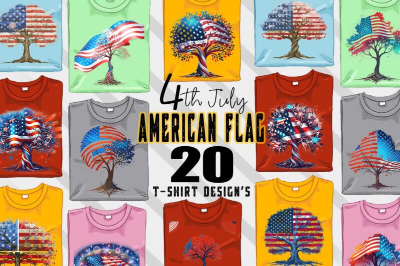 Retro American Flag Printed Tree t-shirt design bundle with 20 png & jpeg designs