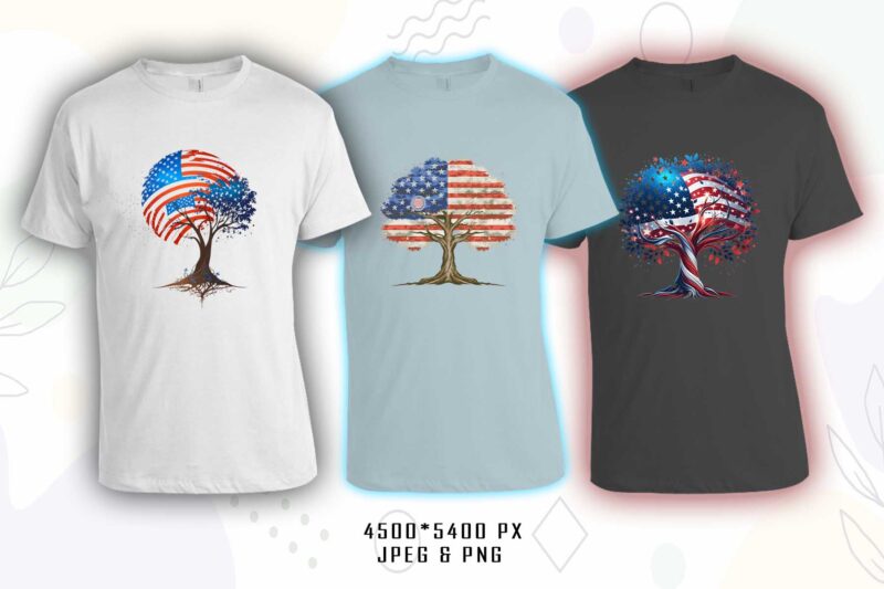 Retro American Flag Printed Tree t-shirt design bundle with 20 png & jpeg designs