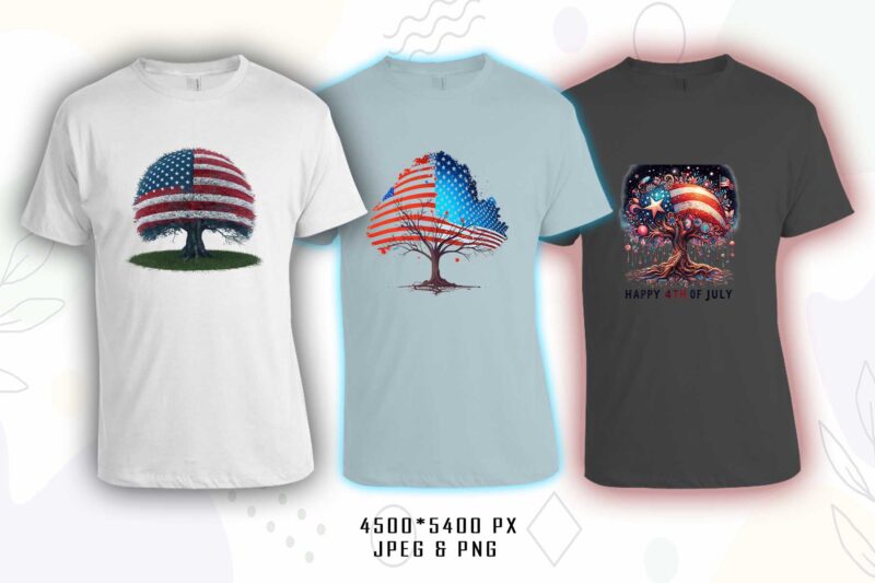 Retro American Flag Printed Tree t-shirt design bundle with 20 png & jpeg designs