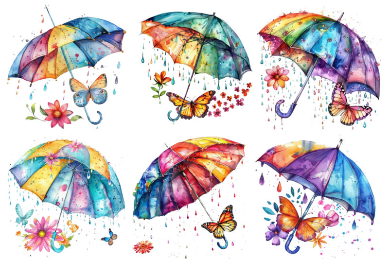 colourful umbrella with flower and butterfly