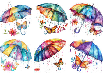 colourful umbrella with flower and butterfly