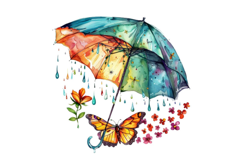 colourful umbrella with flower and butterfly