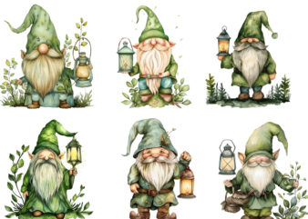 green beautiful gnome with lantern t shirt design template