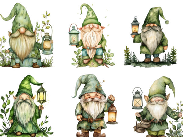 Green beautiful gnome with lantern t shirt design template