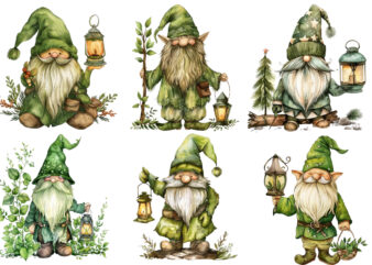 green beautiful gnome with lantern t shirt design template