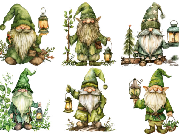 Green beautiful gnome with lantern t shirt design template