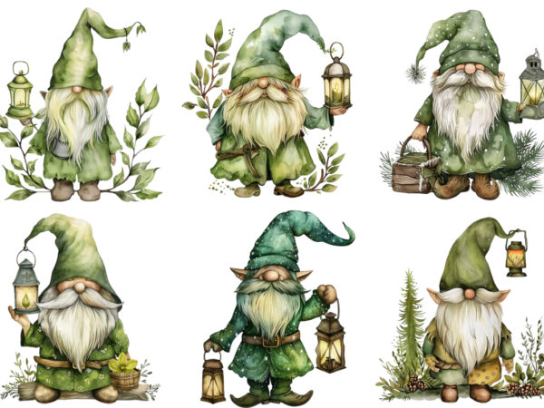 Green beautiful gnome with lantern t shirt design template