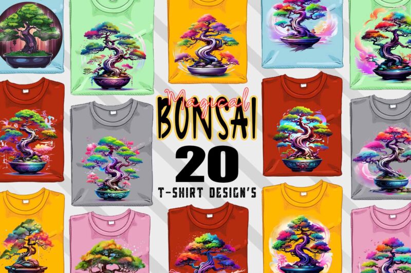 Retro Blooming Bonsai Tree t-shirt design bundle with 20 designs – download instantly