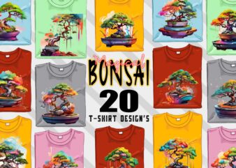 Watercolour Bonsai Tree t-shirt design bundle with 20 designs – download instantly