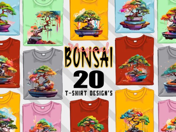 Watercolour bonsai tree t-shirt design bundle with 20 designs – download instantly