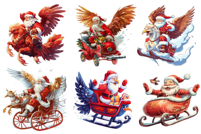 santa claus ride in cartoon bird without snow