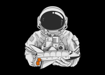 Astronaut with spaceship in hand t shirt vector