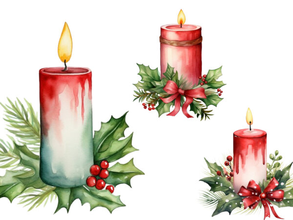 Watercolor christmas candle t shirt design for sale