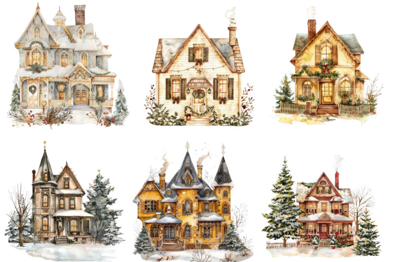 watercolor Gold Christmas vintage house