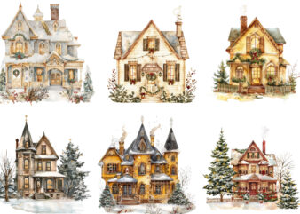 watercolor Gold Christmas vintage house