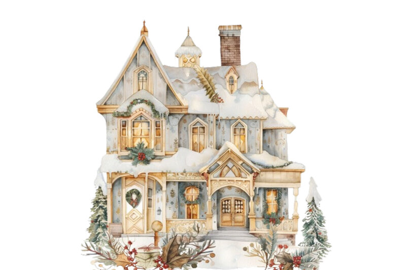 watercolor Gold Christmas vintage house