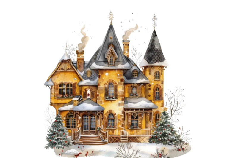 watercolor Gold Christmas vintage house