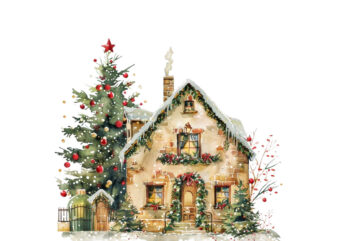 watercolor Gold Christmas vintage house