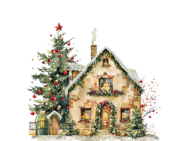 Watercolor gold christmas vintage house t shirt design for sale