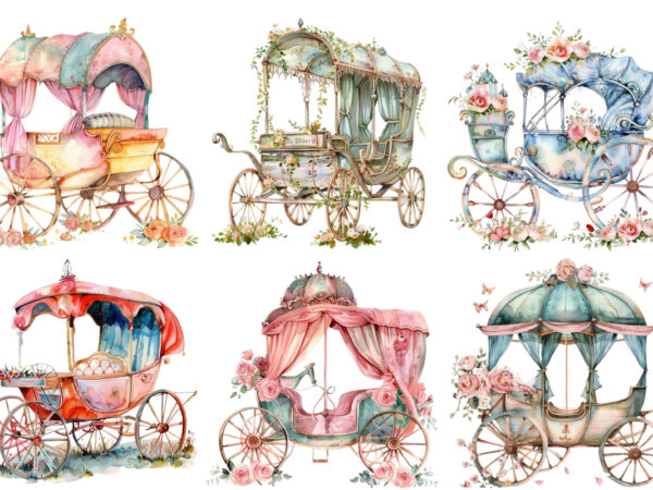 Watercolor beautiful romantic carriage clipart t shirt design for sale