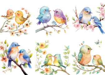 watercolor cartoon Funny Mom and Baby Bird on Branch